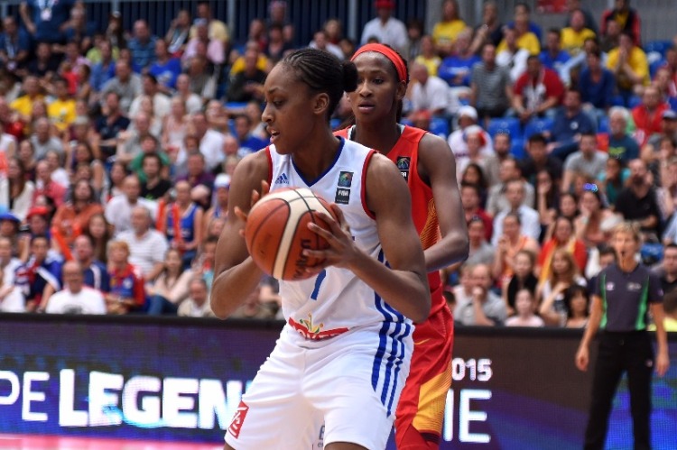 Sandrine Gruda atacando contra Astou Ndour. Francia - España. Eurobasket de Hungría y Rumanía